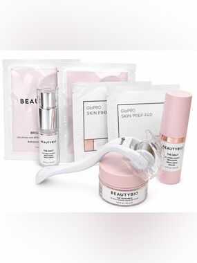 BeautyBio Skincare Bundle GloPRO Prep Pads Vit C Serum ZenBubble + Derma Roller